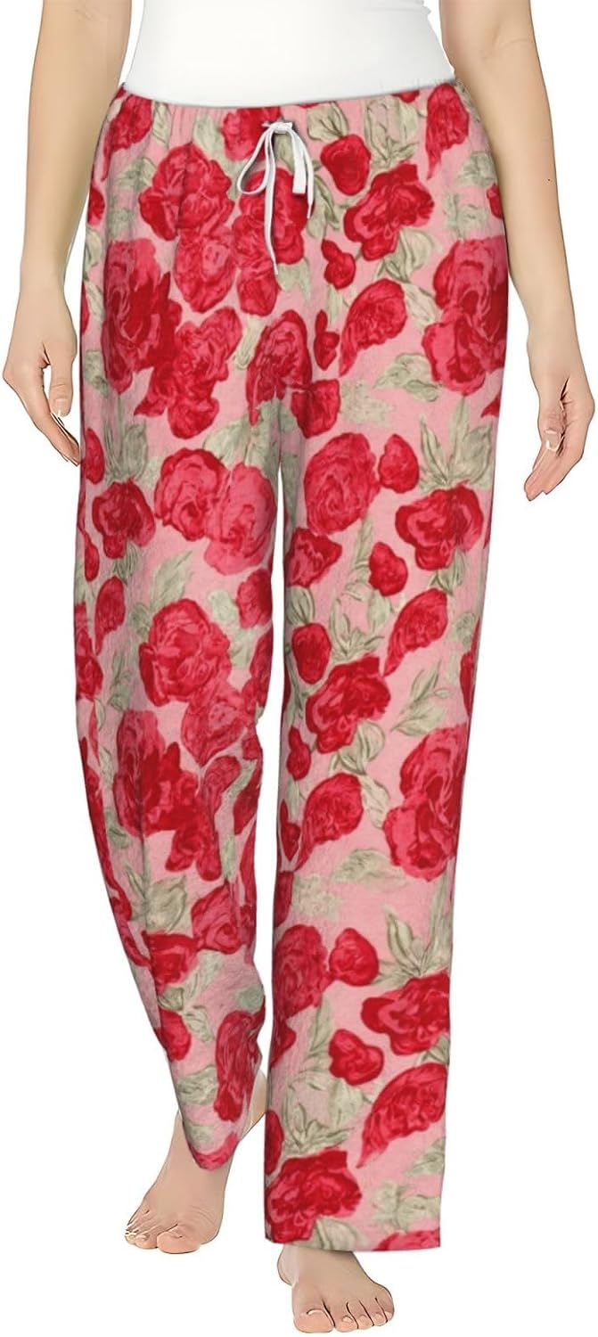 Vintage Books And Wildflowers Flannel Pajama Pants For Women. Soft Fleece Lounge Pants With Pockets And Adjustable Drawstring