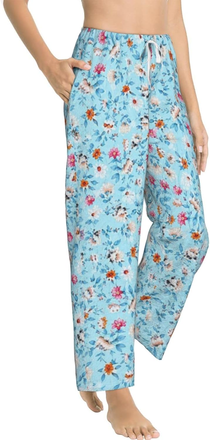 Blue Floral Flannel Pajama Pants For Women. Soft Fleece Lounge Pants With Pockets And Adjustable Drawstring