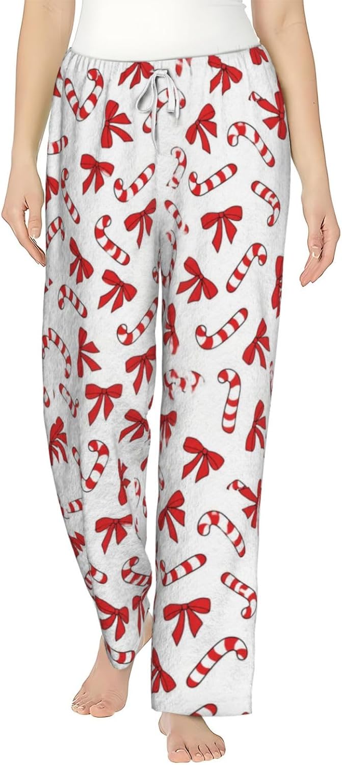 Red Striped Christmas Tree Flannel Pajama Pants For Women. Soft Fleece Lounge Pants With Pockets And Adjustable Drawstring