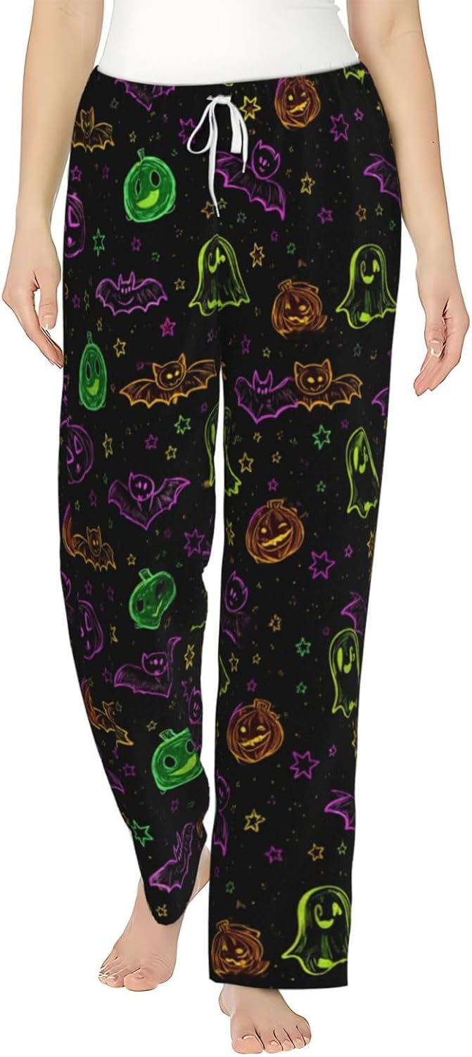 Halloween Pumpkin Ghost Bat Flannel Pajama Pants For Women. Soft Fleece Lounge Pants With Pockets And Adjustable Drawstring