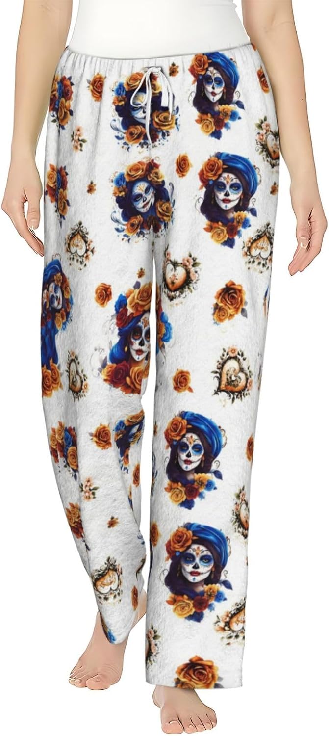 Gothic Bat Floral Black White Flannel Pajama Pants For Women. Soft Fleece Lounge Pants With Pockets And Adjustable Drawstring