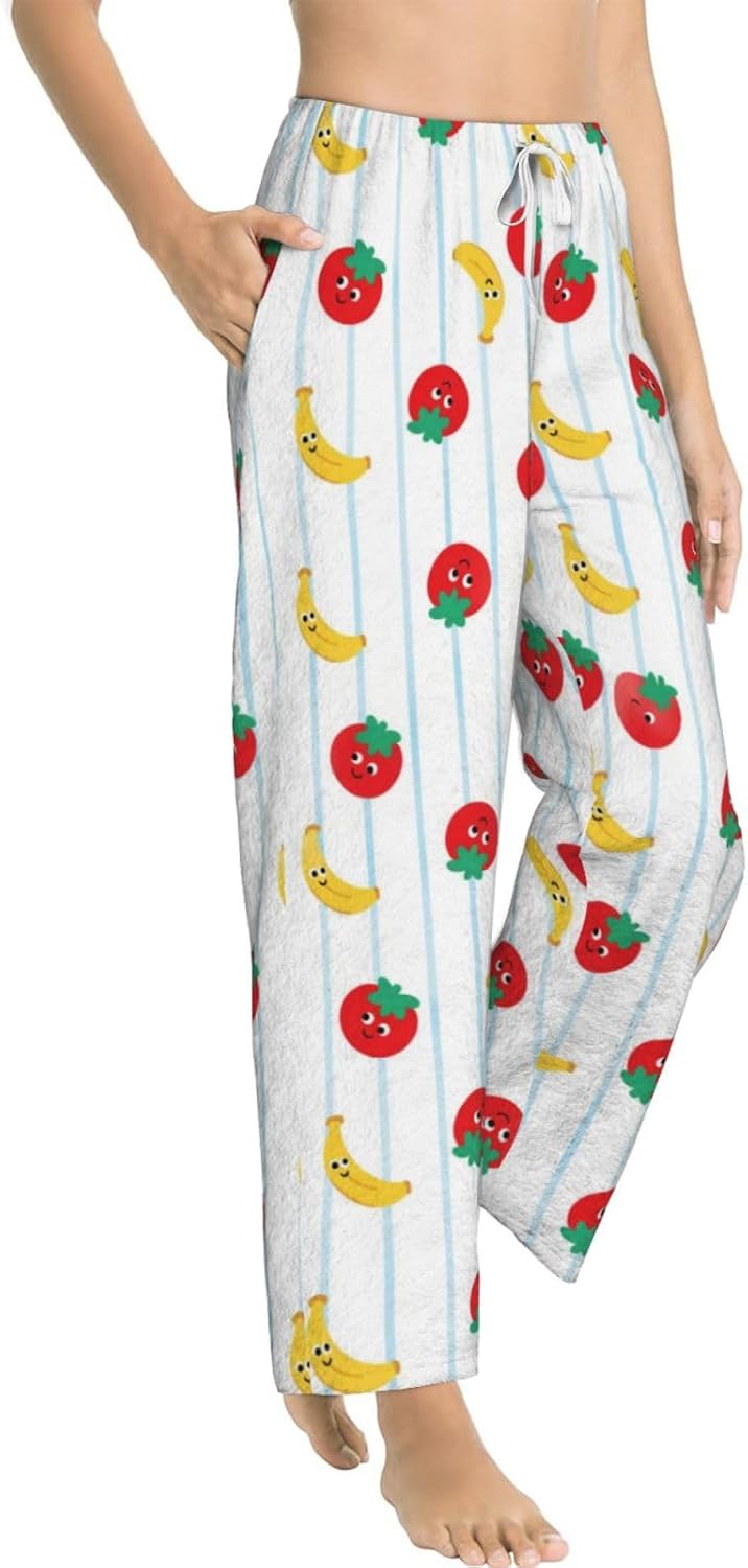 Cute Strawberry Floral Flannel Pajama Pants For Women. Soft Fleece Lounge Pants With Pockets And Adjustable Drawstring