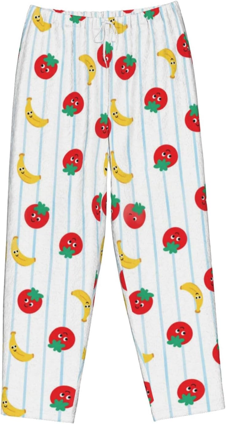 Cute Strawberry Floral Flannel Pajama Pants For Women. Soft Fleece Lounge Pants With Pockets And Adjustable Drawstring