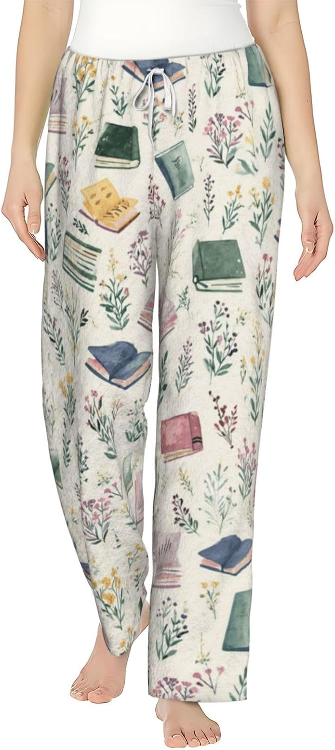 Vintage Books And Wildflowers Flannel Pajama Pants For Women. Soft Fleece Lounge Pants With Pockets And Adjustable Drawstring