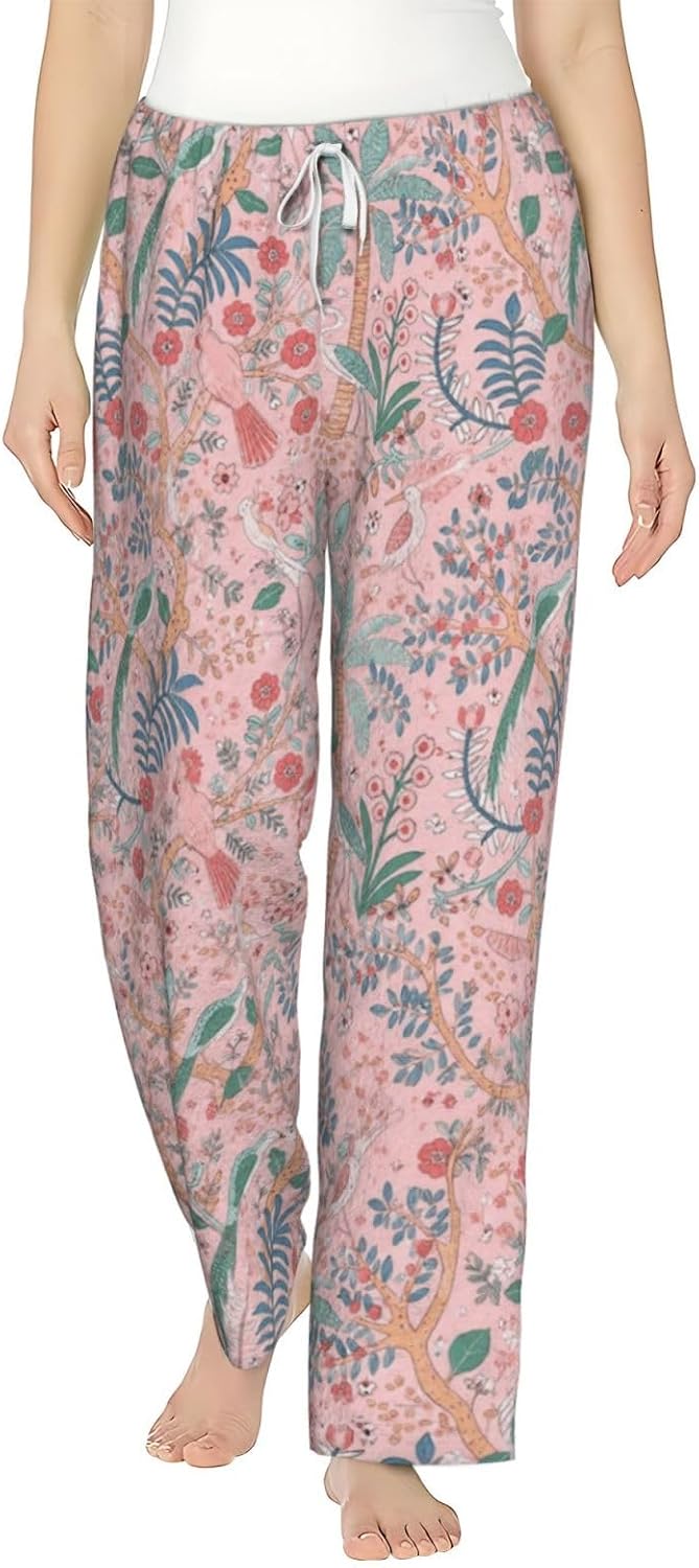Blue Floral Flannel Pajama Pants For Women. Soft Fleece Lounge Pants With Pockets And Adjustable Drawstring