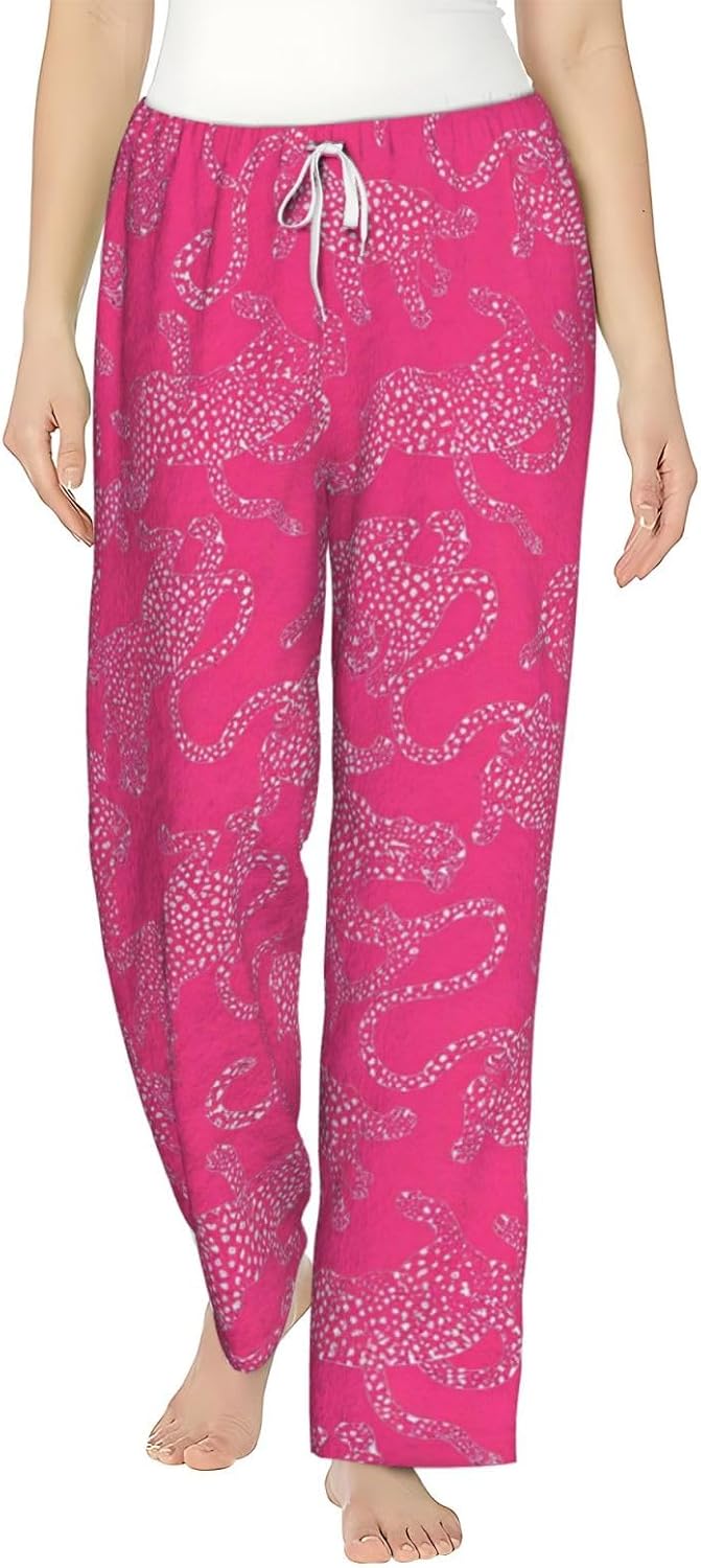 Leopard Tropical Leaf Flannel Pajama Pants For Women. Soft Fleece Lounge Pants With Pockets And Adjustable Drawstring