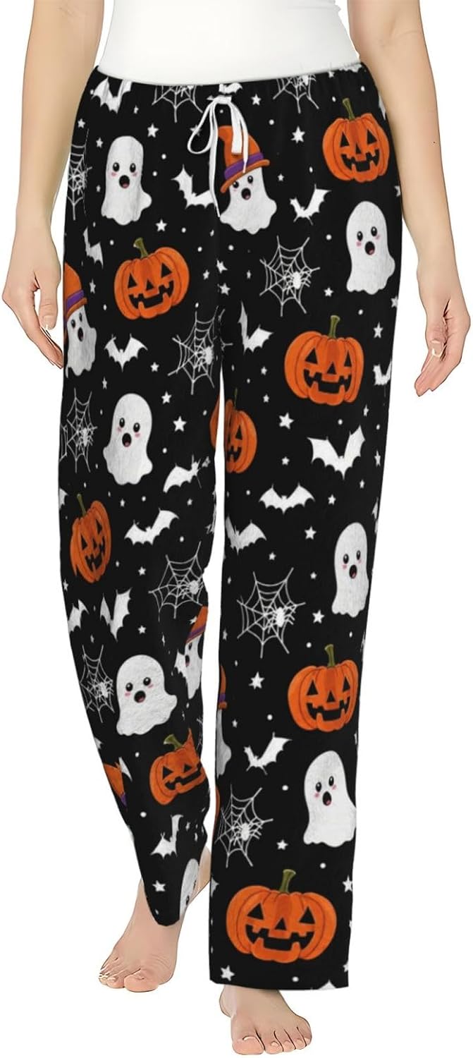 Halloween Pumpkin Ghost Bat Flannel Pajama Pants For Women. Soft Fleece Lounge Pants With Pockets And Adjustable Drawstring