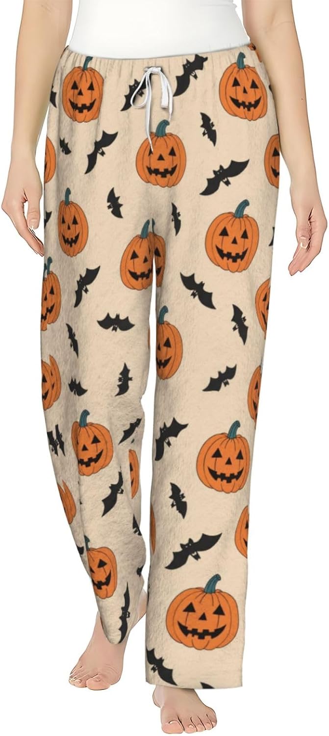 Halloween Pumpkin Ghost Bat Flannel Pajama Pants For Women. Soft Fleece Lounge Pants With Pockets And Adjustable Drawstring