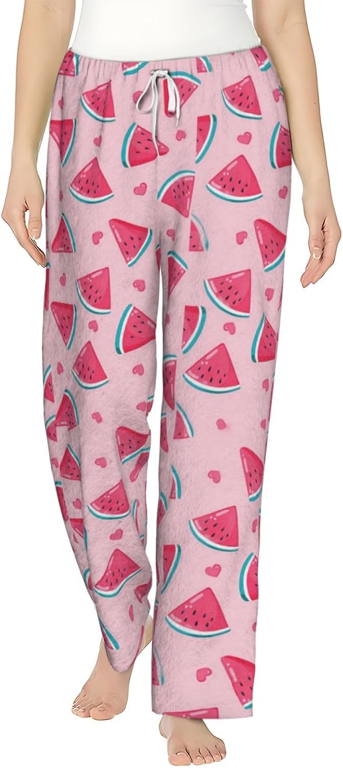 PVVCDV Red Cherry Black Flannel Pajama Pants For Women. Soft Fleece Lounge Pants With Pockets And Adjustable Drawstring