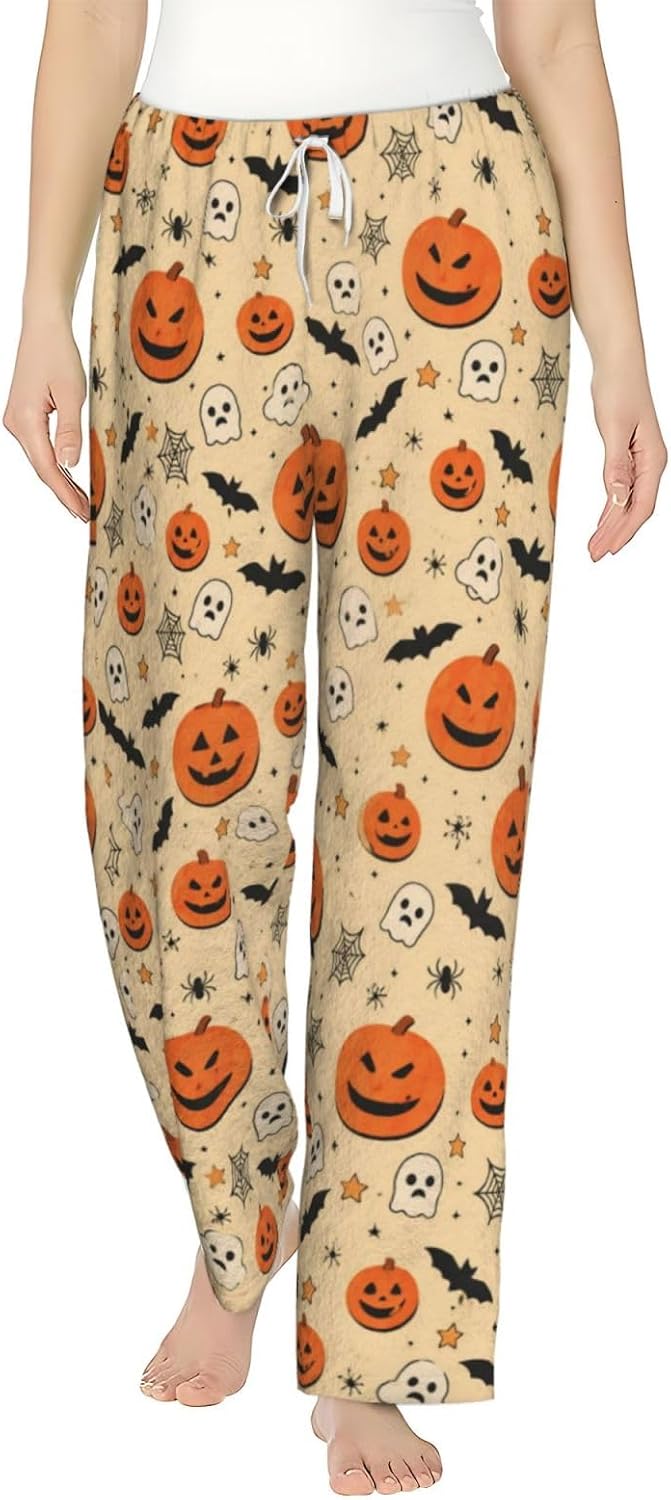 Halloween Ghost Pumpkin Witch Hat Flannel Pajama Pants For Women. Soft Fleece Lounge Pants