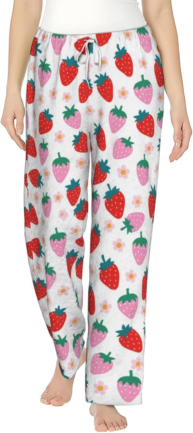 Cute Strawberry Floral Flannel Pajama Pants For Women. Soft Fleece Lounge Pants With Pockets And Adjustable Drawstring