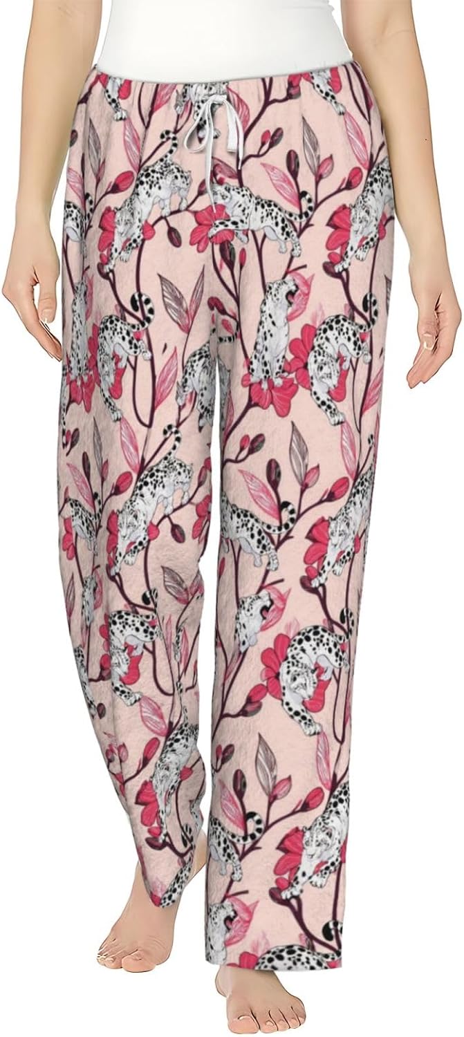 Pink Tiger Rose Floral Flannel Pajama Pants For Women. Soft Fleece Lounge Pants With Pockets And Adjustable Drawstring