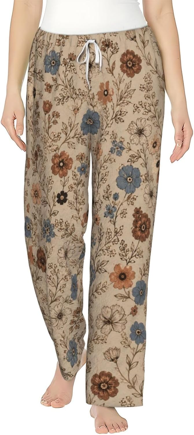 Floral Garden Boho Flannel Pajama Pants For Women. Soft Fleece Lounge Pants With Pockets And Adjustable Drawstring