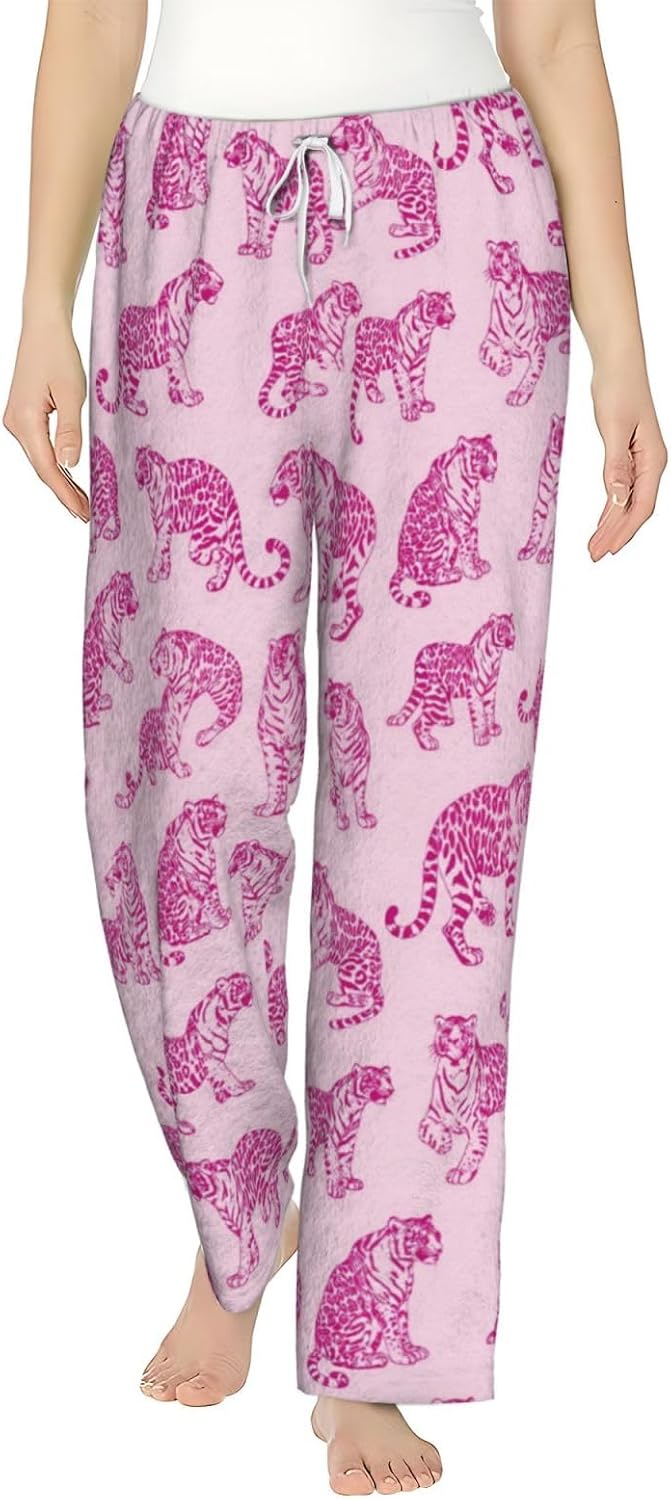 Pink Tiger Rose Floral Flannel Pajama Pants For Women. Soft Fleece Lounge Pants With Pockets And Adjustable Drawstring