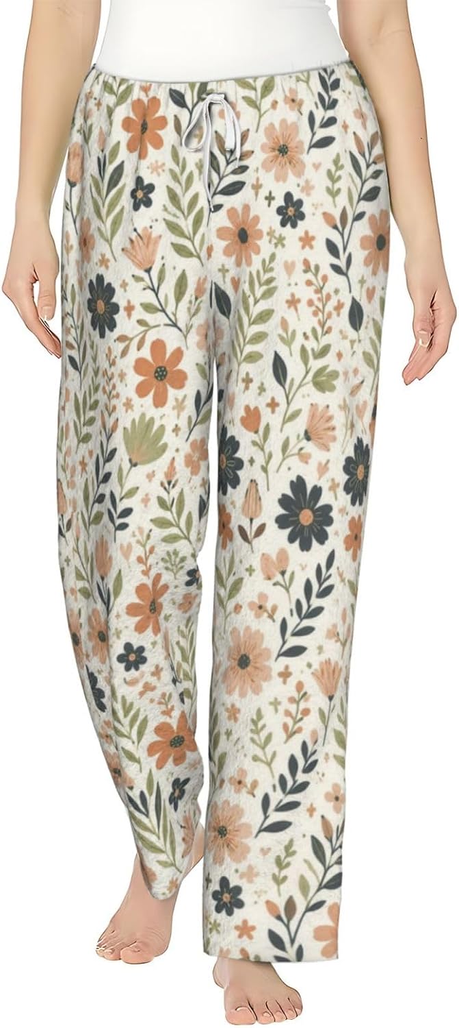 Floral Garden Boho Flannel Pajama Pants For Women. Soft Fleece Lounge Pants With Pockets And Adjustable Drawstring