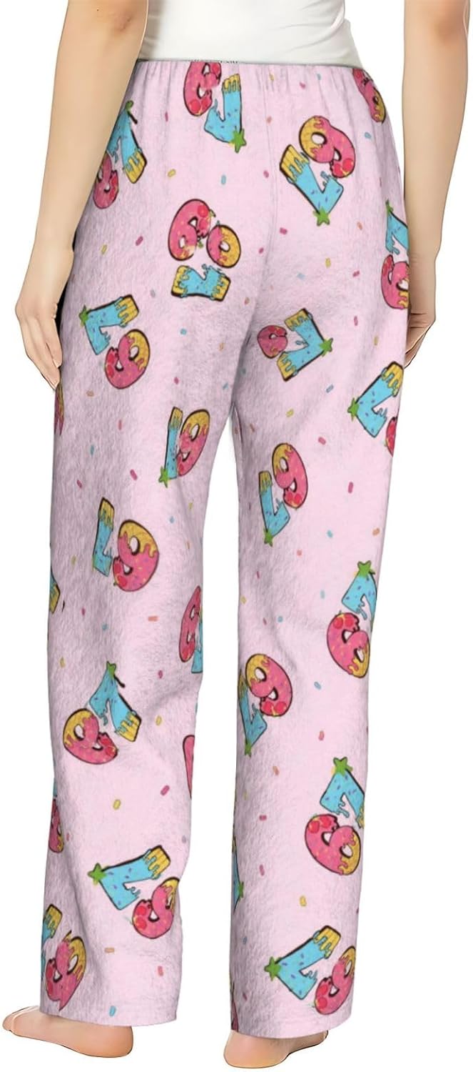 PVVCDV 67 Blue Bow Number Six Seven Flannel Pajama Pants For Women. Soft Fleece Lounge Pants