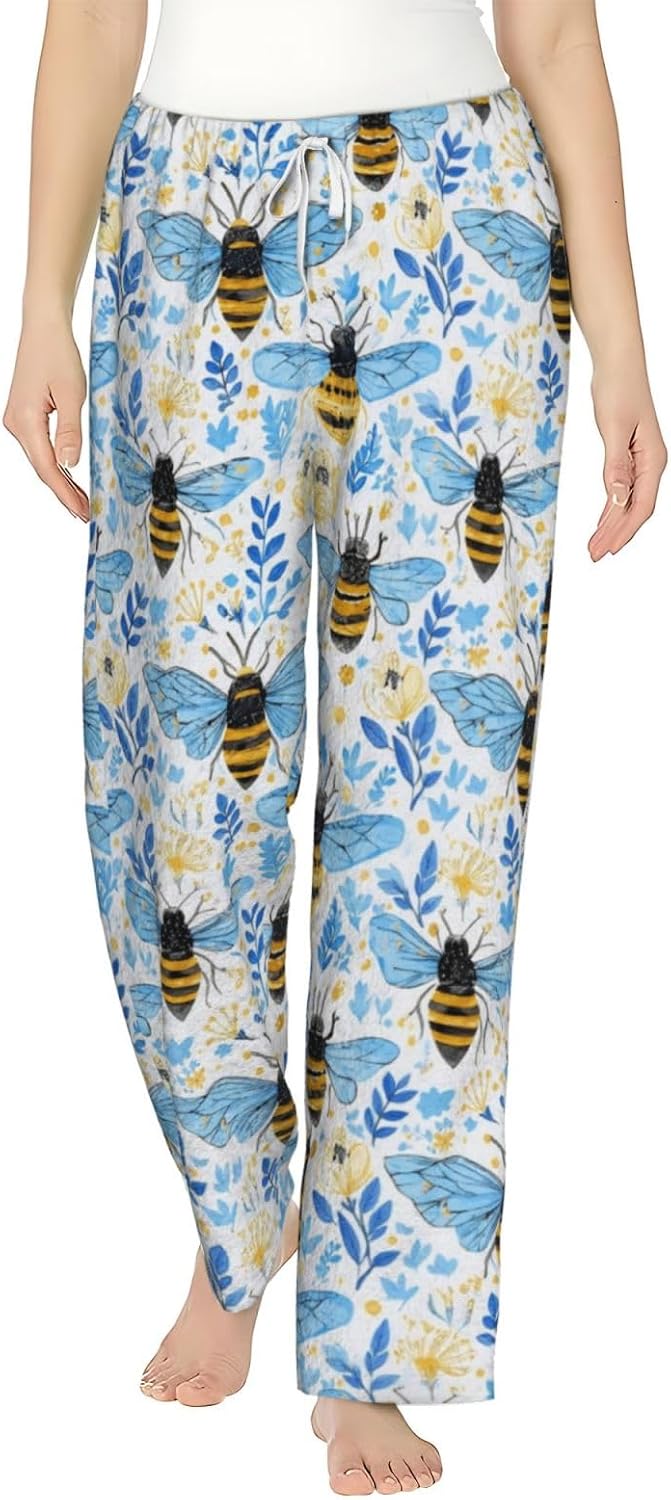 Blue Floral Flannel Pajama Pants For Women. Soft Fleece Lounge Pants With Pockets And Adjustable Drawstring