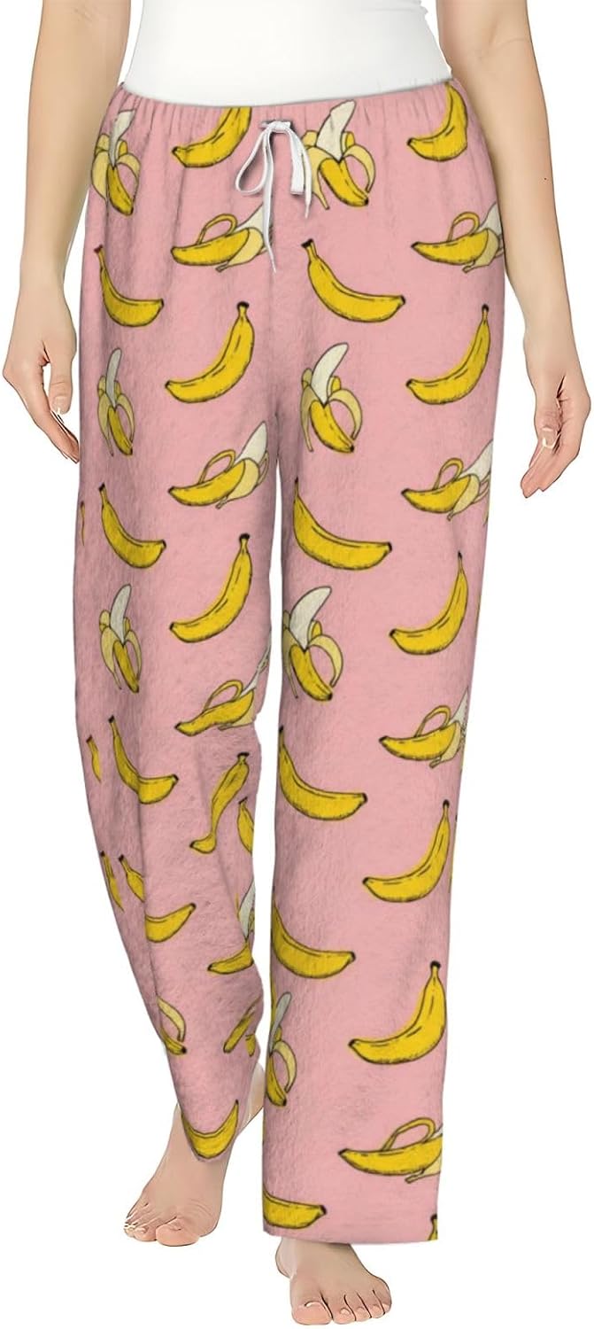 PVVCDV Yellow Banana Flannel Pajama Pants For Women. Soft Fleece Lounge Pants With Pockets And Adjustable Drawstring