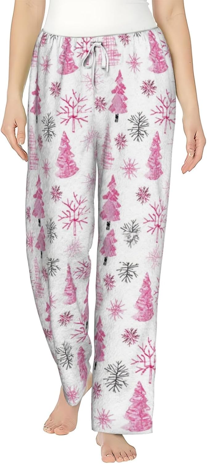 Red Striped Christmas Tree Flannel Pajama Pants For Women. Soft Fleece Lounge Pants With Pockets And Adjustable Drawstring