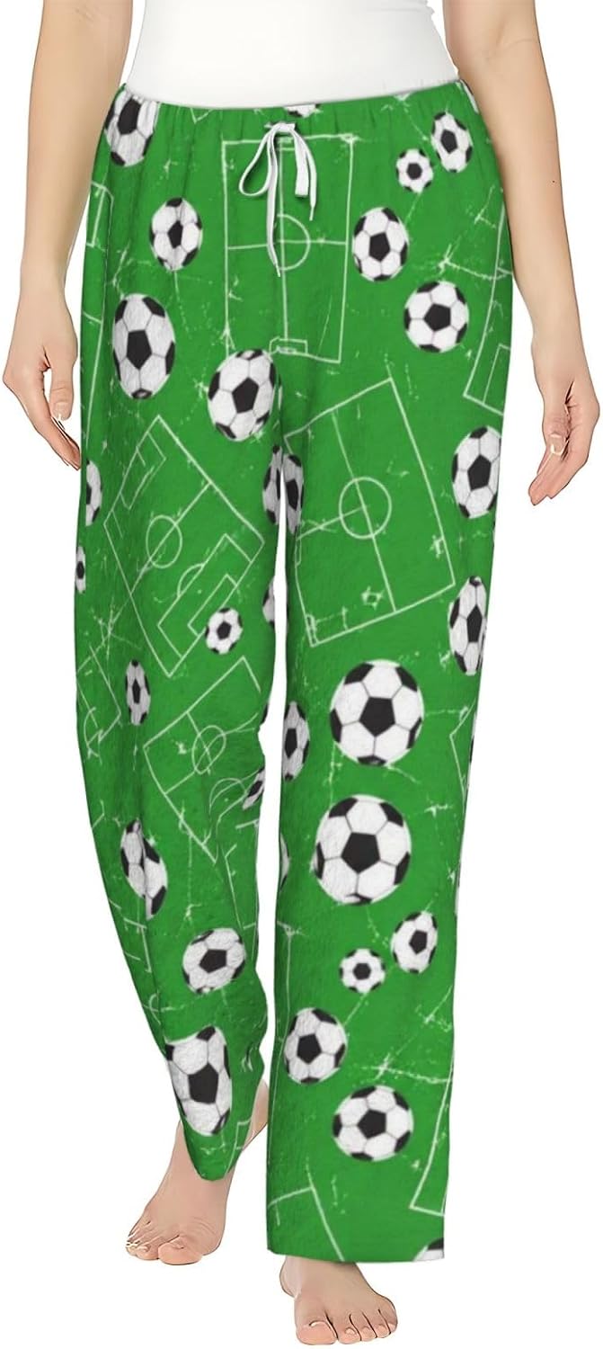 Soccer Ball Field Sports Flannel Pajama Pants For Women. Soft Fleece Lounge Pants With Pockets And Adjustable Drawstring