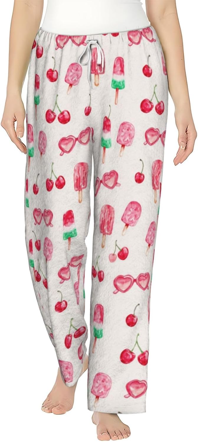 PVVCDV Red Cherry Black Flannel Pajama Pants For Women. Soft Fleece Lounge Pants With Pockets And Adjustable Drawstring