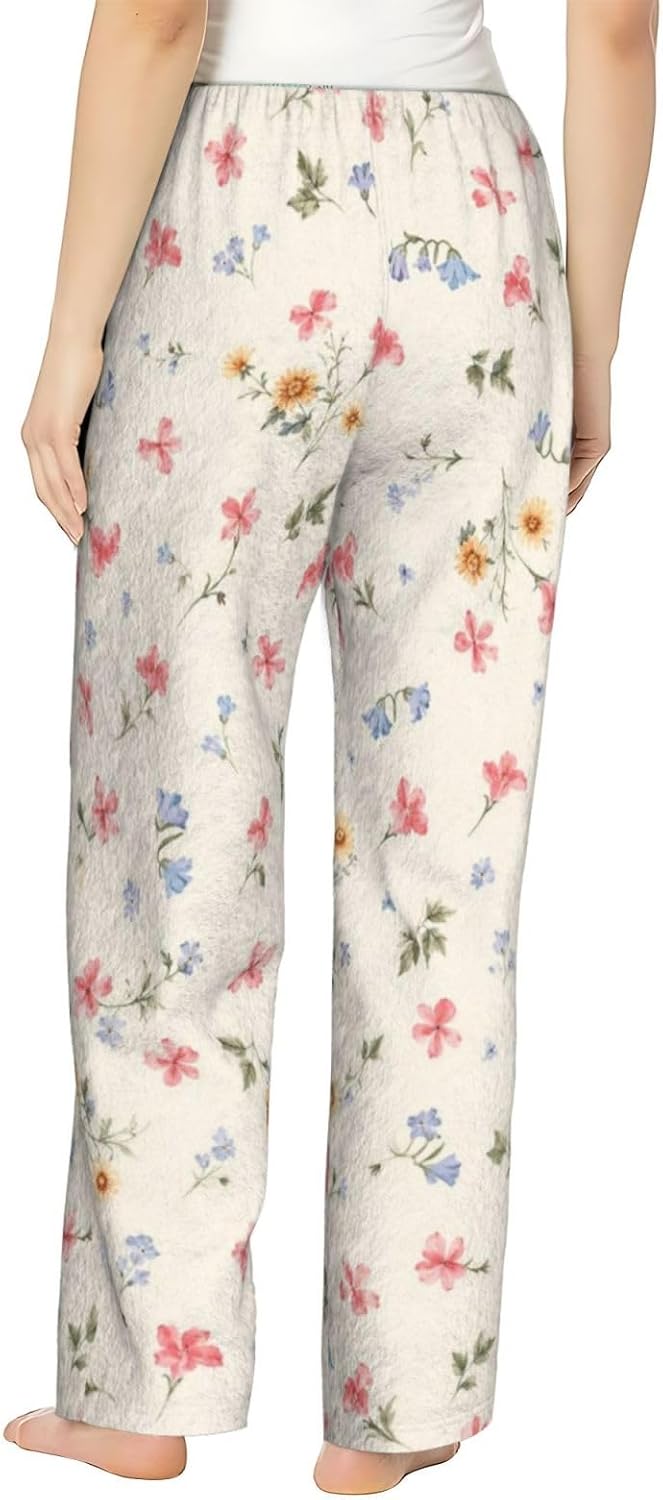 PVVCDV Yellow Floral White Flannel Pajama Pants For Women. Soft Fleece Lounge Pants With Pockets And Adjustable Drawstring
