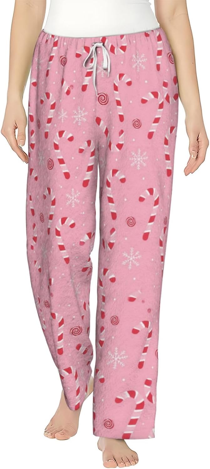 PVVCDV Pink Christmas Holiday Flannel Pajama Pants For Women. Soft Fleece Lounge Pants With Pockets And Adjustable Drawstring