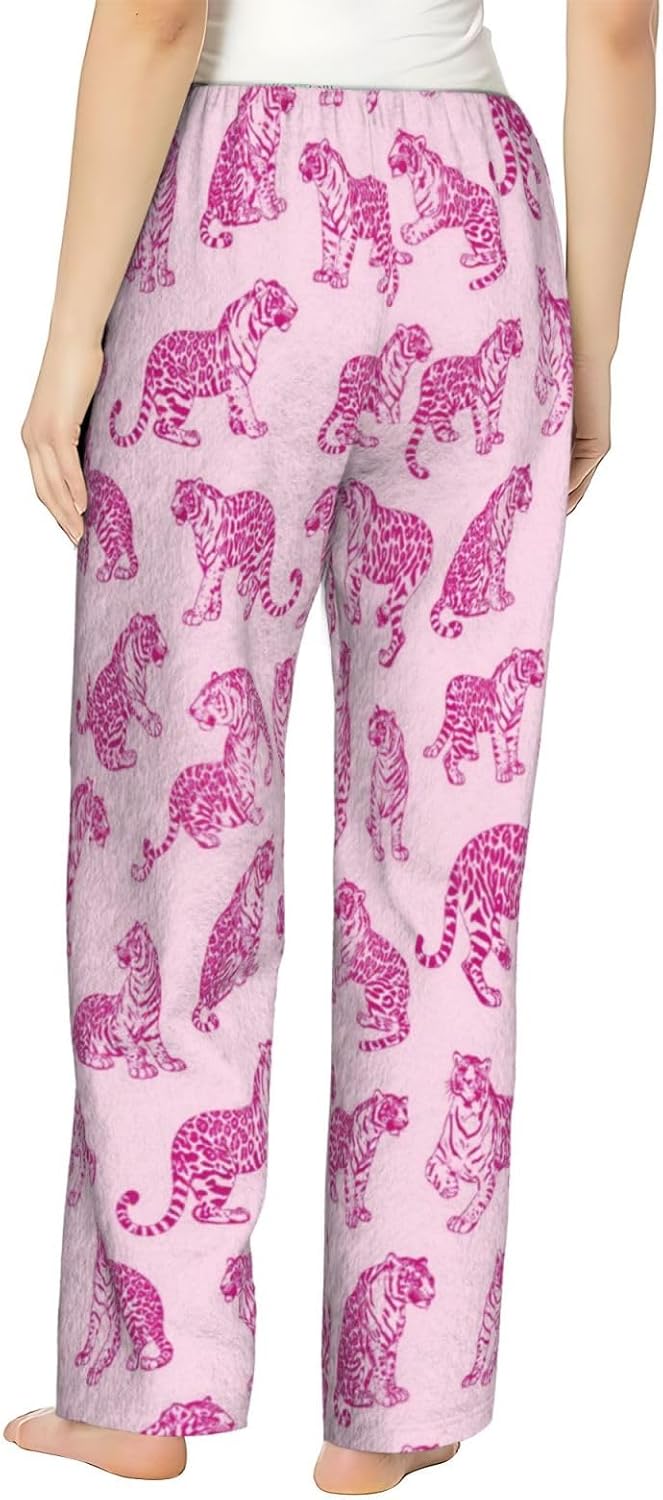 Pink Tiger Rose Floral Flannel Pajama Pants For Women. Soft Fleece Lounge Pants With Pockets And Adjustable Drawstring