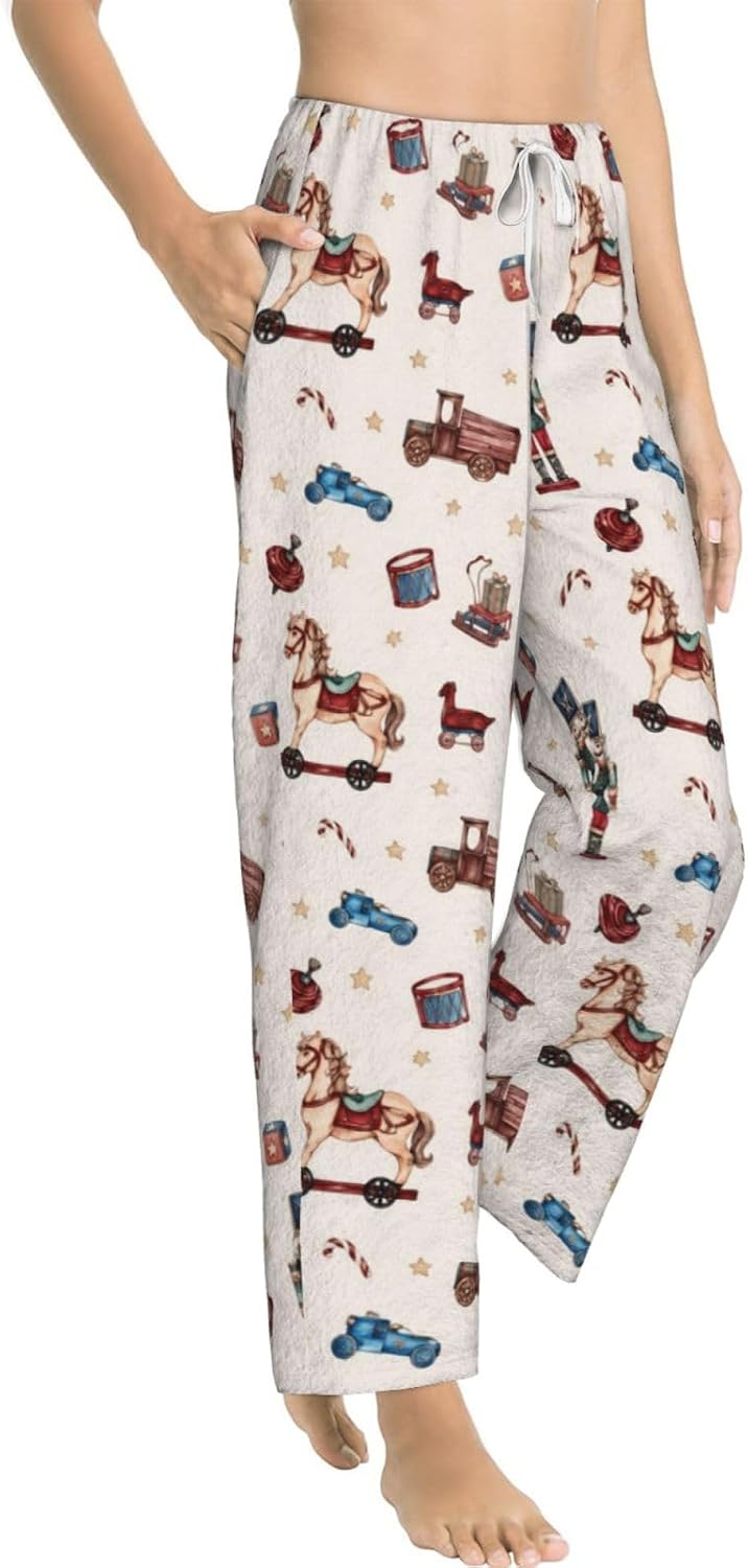PVVCDV Winter Deer Christmas Tree Flannel Pajama Pants For Women. Soft Fleece Lounge Pants