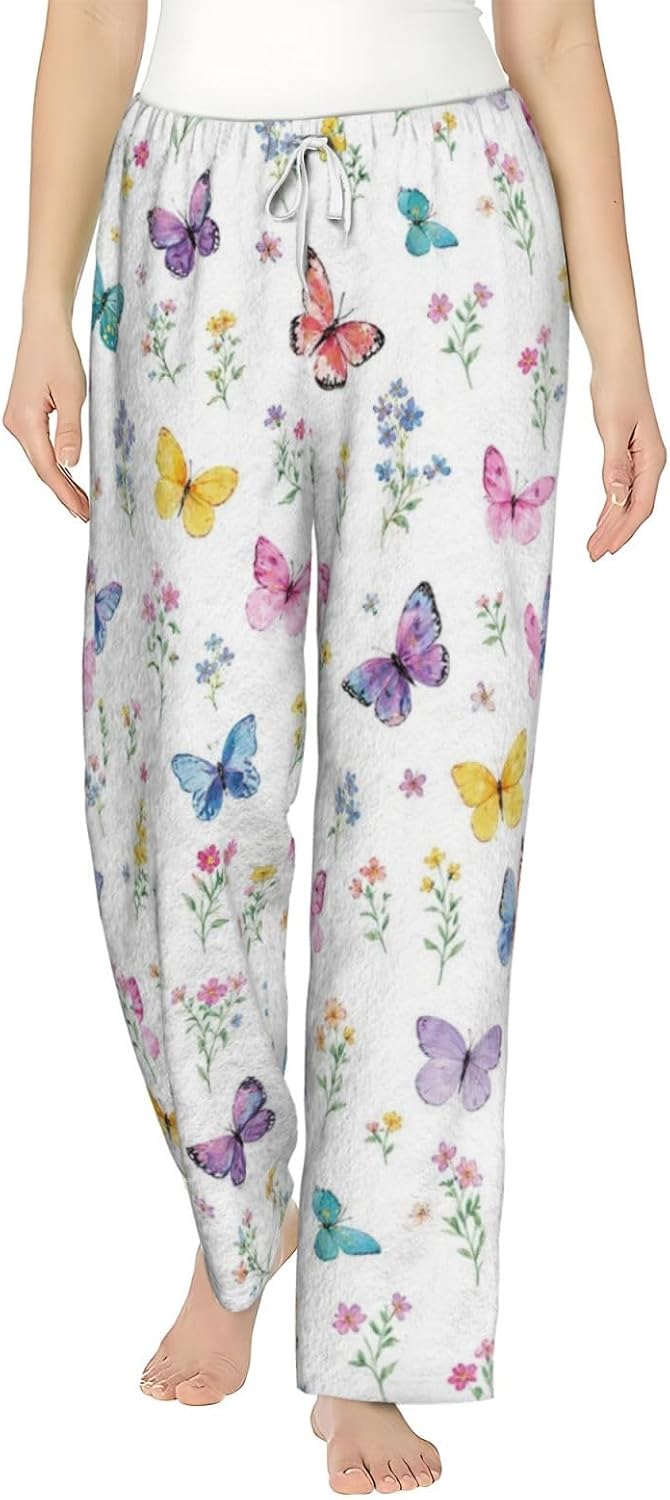PVVCDV Yellow Floral White Flannel Pajama Pants For Women. Soft Fleece Lounge Pants With Pockets And Adjustable Drawstring
