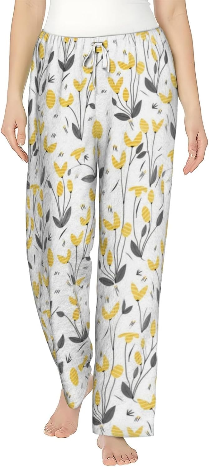 PVVCDV Yellow Floral White Flannel Pajama Pants For Women. Soft Fleece Lounge Pants With Pockets And Adjustable Drawstring
