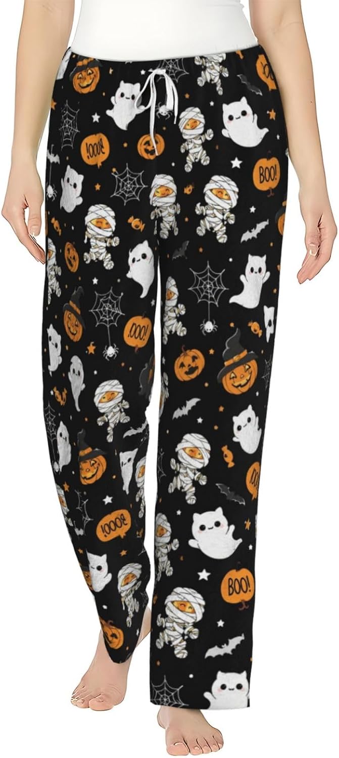 Halloween Ghost Pumpkin Witch Hat Flannel Pajama Pants For Women. Soft Fleece Lounge Pants