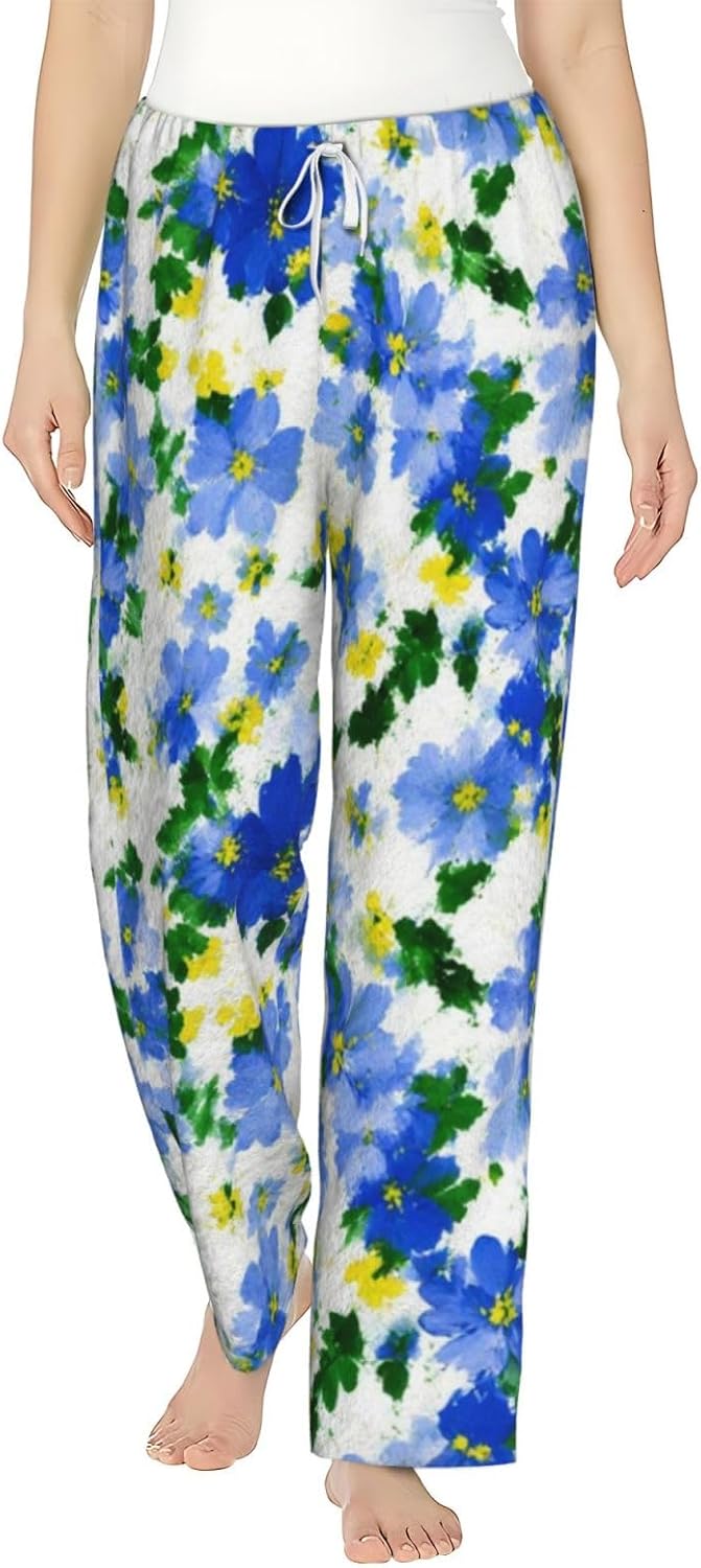 Blue Floral Flannel Pajama Pants For Women. Soft Fleece Lounge Pants With Pockets And Adjustable Drawstring