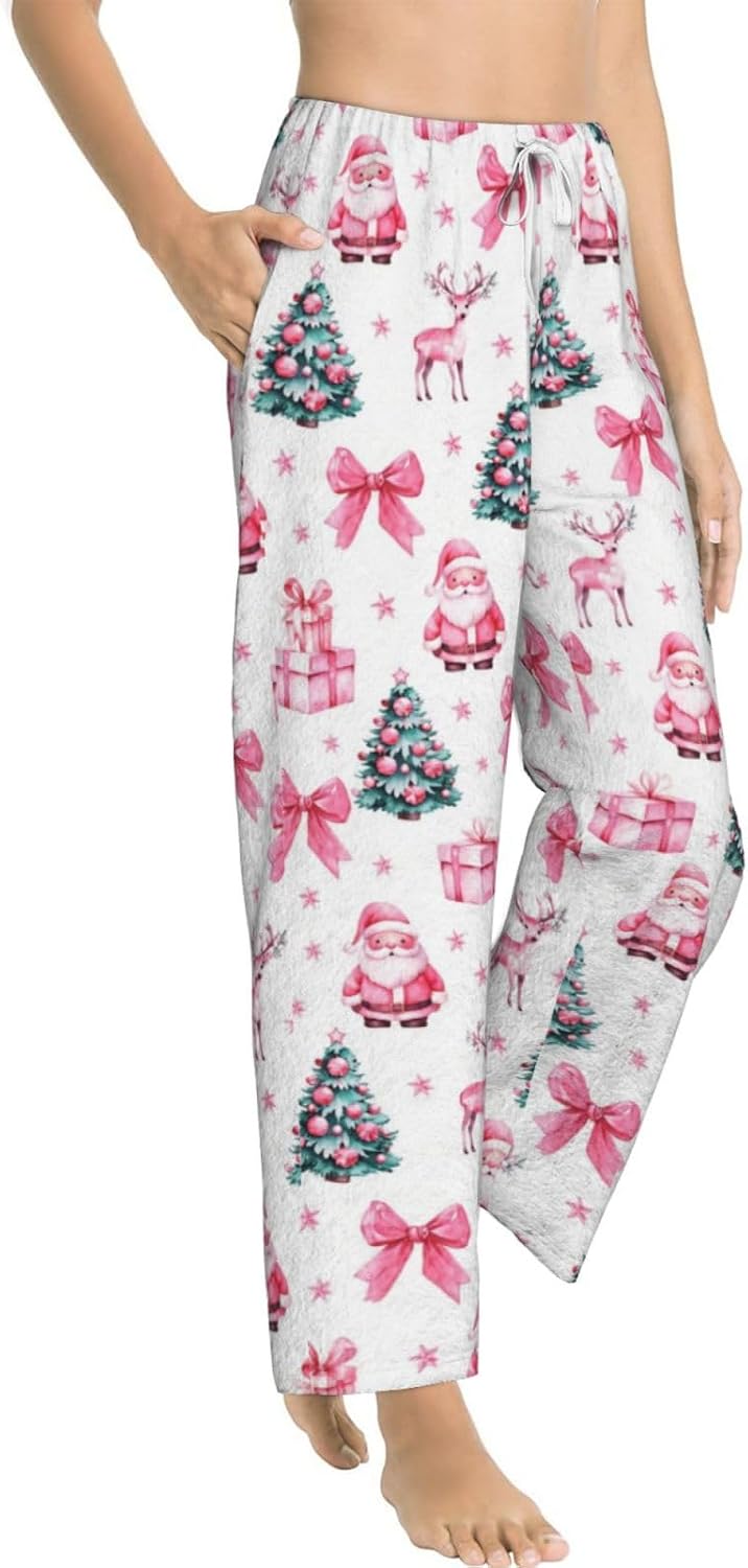 Red Striped Christmas Tree Flannel Pajama Pants For Women. Soft Fleece Lounge Pants With Pockets And Adjustable Drawstring