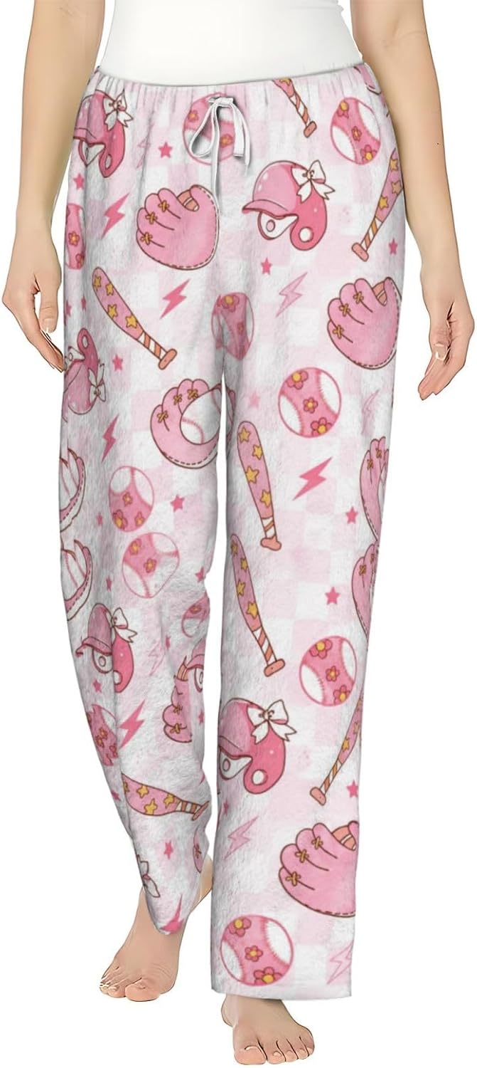 PVVCDV Tennis Racket Bow Stripe Flannel Pajama Pants For Women. Soft Fleece Lounge Pants