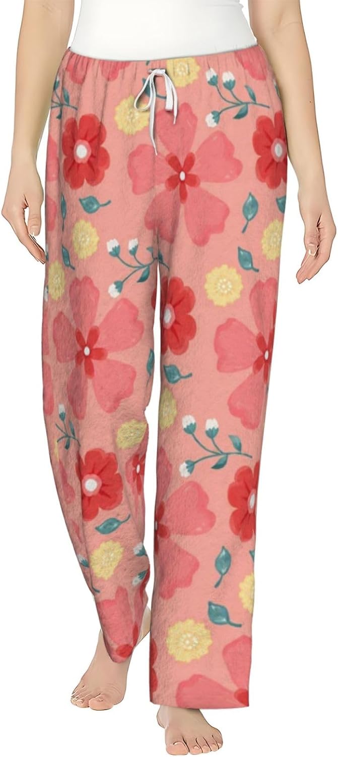 Blue Hydrangea Floral Flannel Pajama Pants For Women. Soft Fleece Lounge Pants With Pockets And Adjustable Drawstring