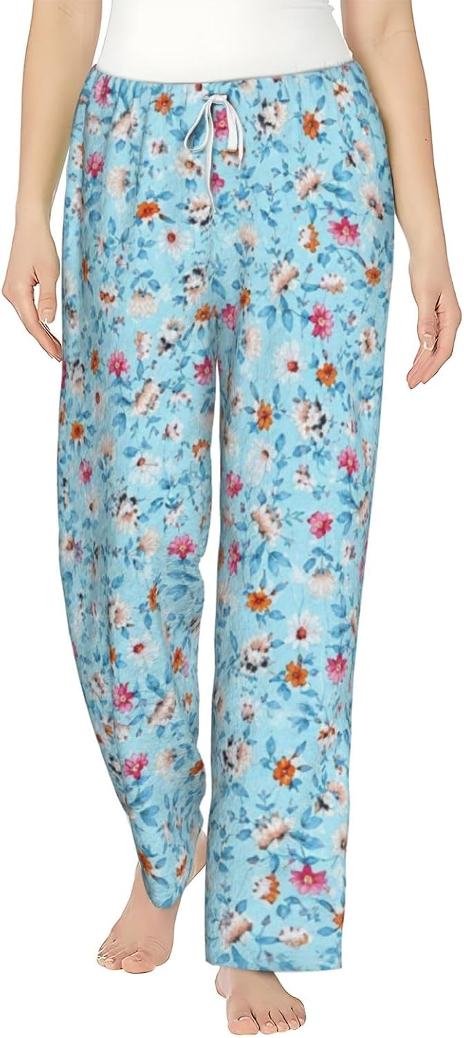 Blue Floral Flannel Pajama Pants For Women. Soft Fleece Lounge Pants With Pockets And Adjustable Drawstring