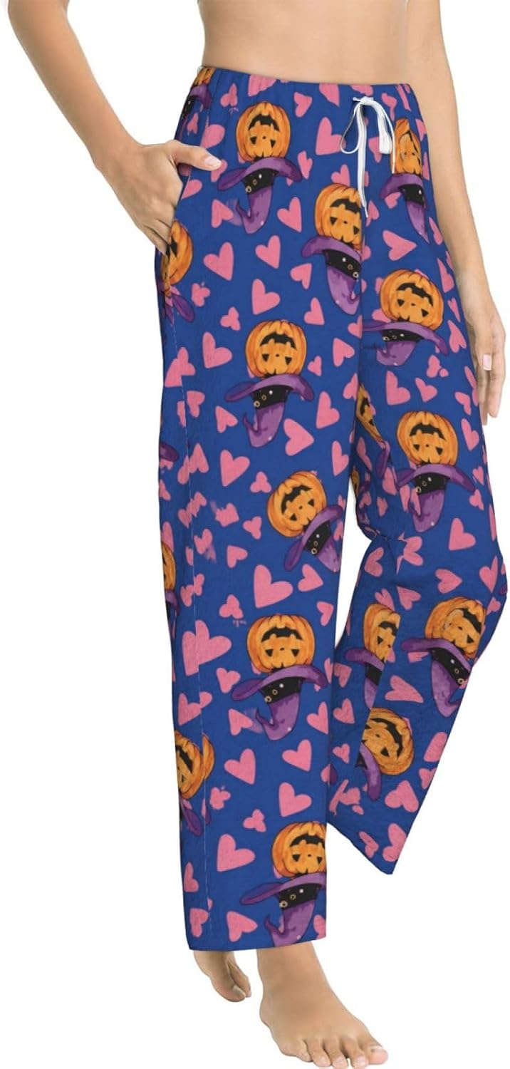 Halloween Ghost Pumpkin Witch Hat Flannel Pajama Pants For Women. Soft Fleece Lounge Pants