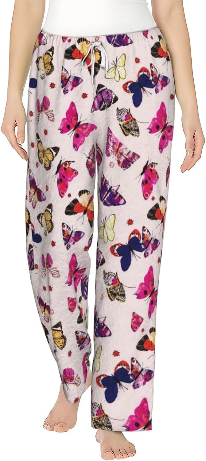 Colorful Butterfly Floral Flannel Pajama Pants For Women. Soft Fleece Lounge Pants With Pockets And Adjustable Drawstring
