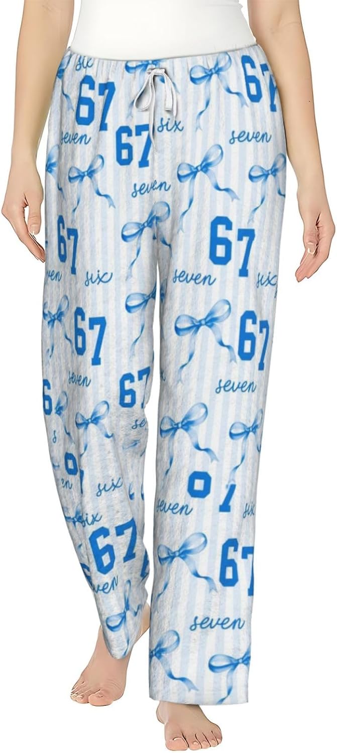 PVVCDV 67 Blue Bow Number Six Seven Flannel Pajama Pants For Women. Soft Fleece Lounge Pants