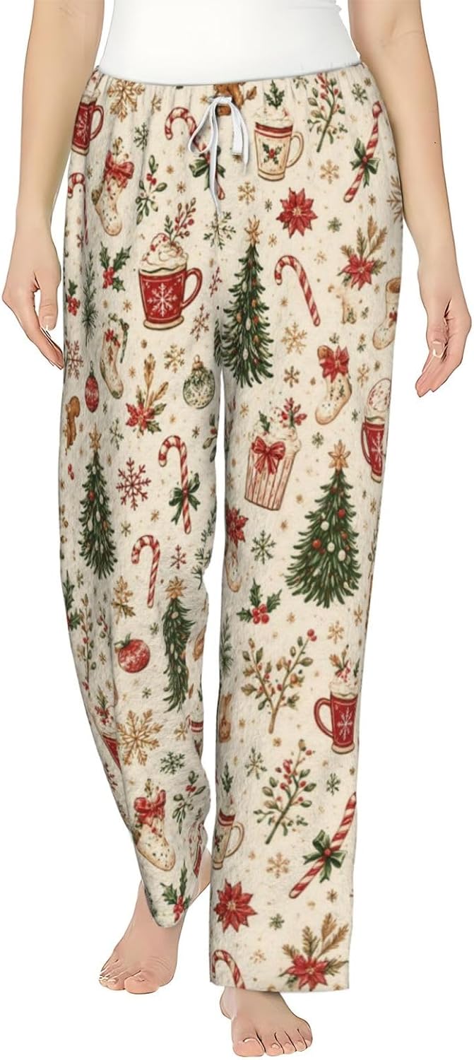 Christmas Leopard Cat Flannel Pajama Pants For Women. Soft Fleece Lounge Pants With Pockets And Adjustable Drawstring
