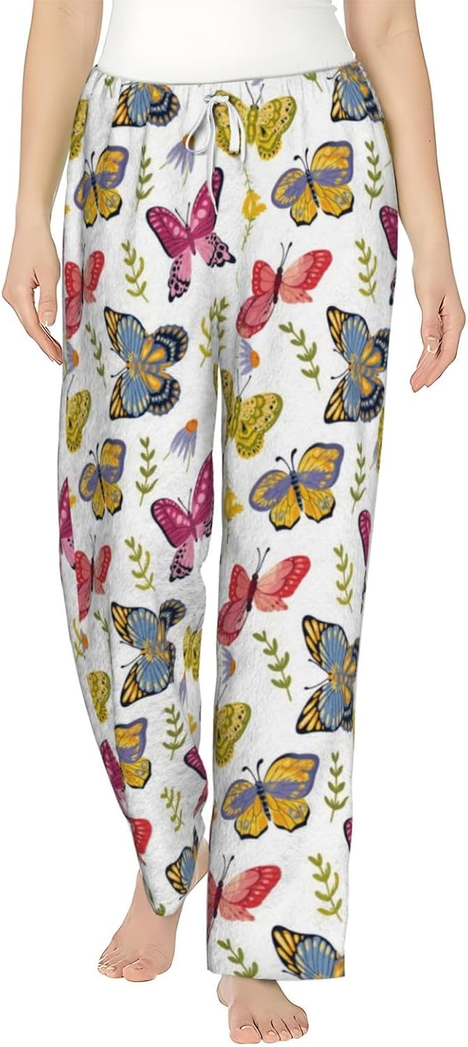 Colorful Butterfly Floral Flannel Pajama Pants For Women. Soft Fleece Lounge Pants With Pockets And Adjustable Drawstring