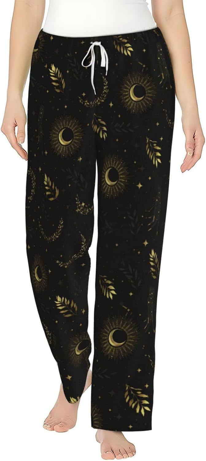 Gothic Bat Floral Black White Flannel Pajama Pants For Women. Soft Fleece Lounge Pants With Pockets And Adjustable Drawstring