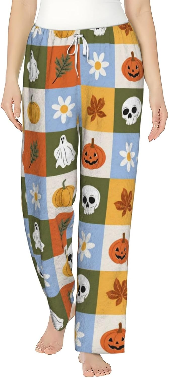 Halloween Pumpkin Ghost Bat Flannel Pajama Pants For Women. Soft Fleece Lounge Pants With Pockets And Adjustable Drawstring