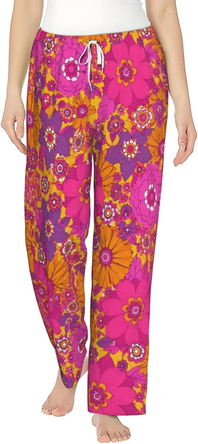 Blue Floral Flannel Pajama Pants For Women. Soft Fleece Lounge Pants With Pockets And Adjustable Drawstring