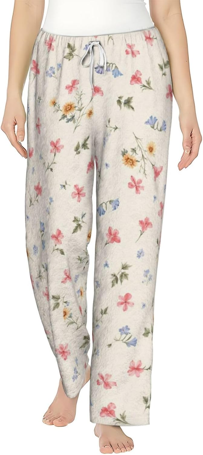 PVVCDV Yellow Floral White Flannel Pajama Pants For Women. Soft Fleece Lounge Pants With Pockets And Adjustable Drawstring