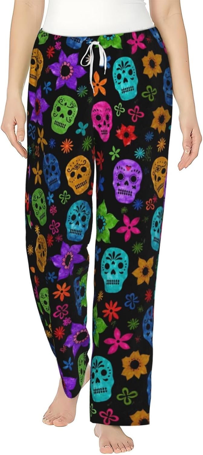 Gothic Bat Floral Black White Flannel Pajama Pants For Women. Soft Fleece Lounge Pants With Pockets And Adjustable Drawstring