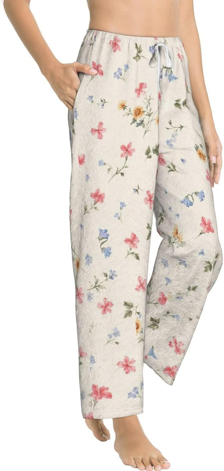 PVVCDV Yellow Floral White Flannel Pajama Pants For Women. Soft Fleece Lounge Pants With Pockets And Adjustable Drawstring