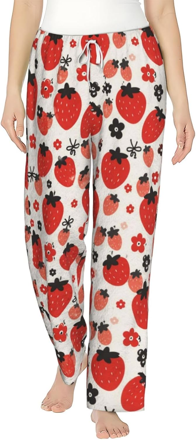 PVVCDV Red Cherry Black Flannel Pajama Pants For Women. Soft Fleece Lounge Pants With Pockets And Adjustable Drawstring