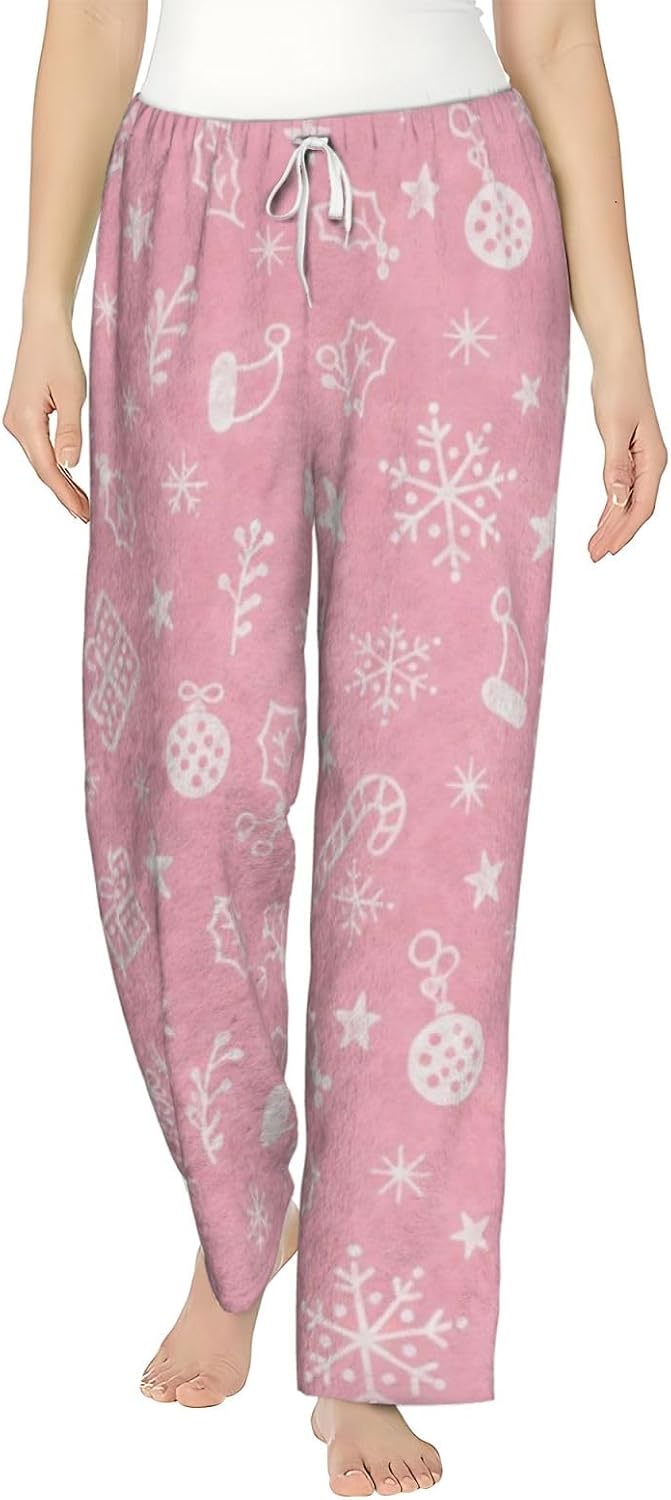 PVVCDV Pink Christmas Holiday Flannel Pajama Pants For Women. Soft Fleece Lounge Pants With Pockets And Adjustable Drawstring